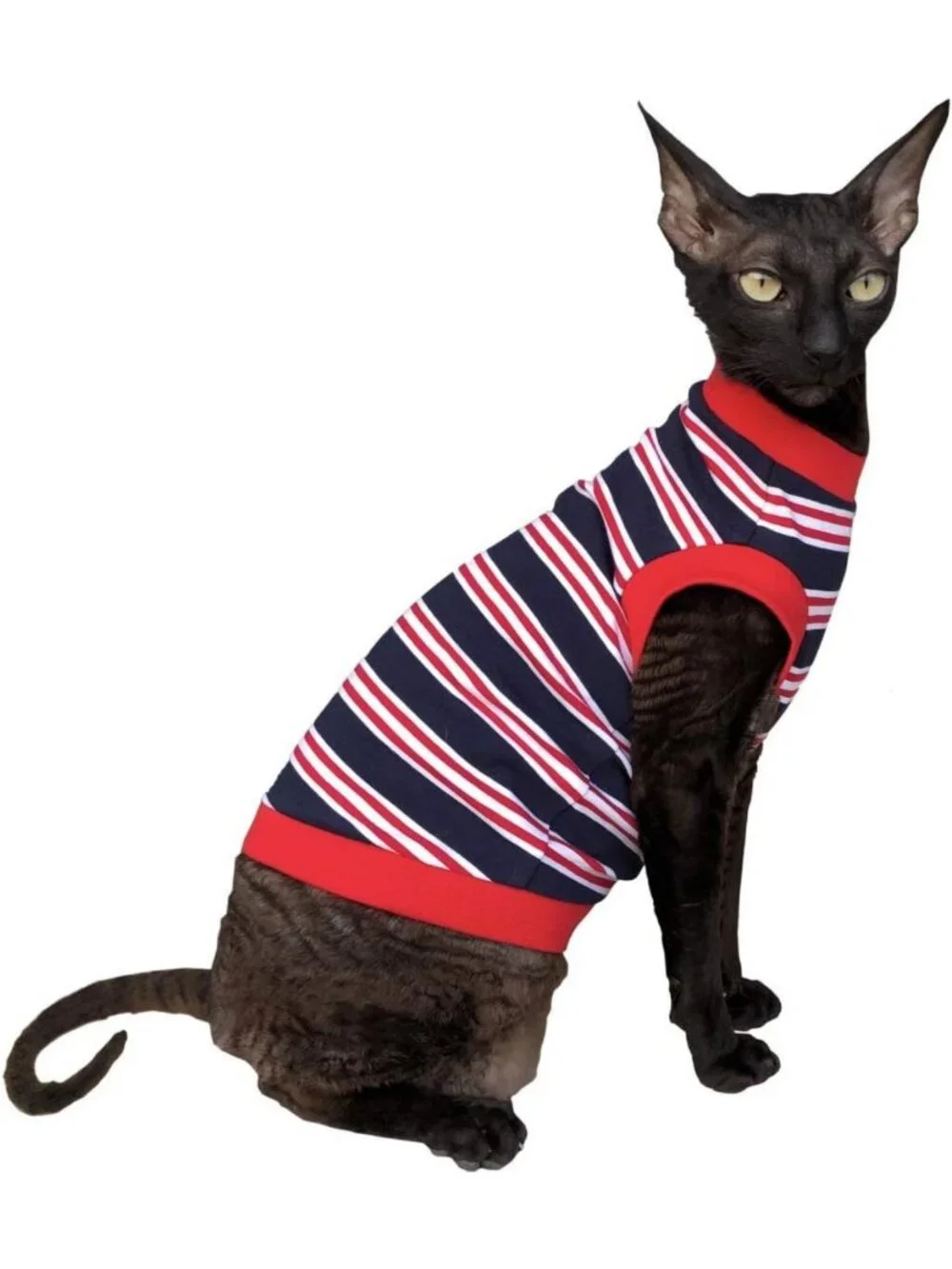 Cute Cat T-Shirt in Dark Blue, Red & White Stripes - XS Size, Stylish Pet